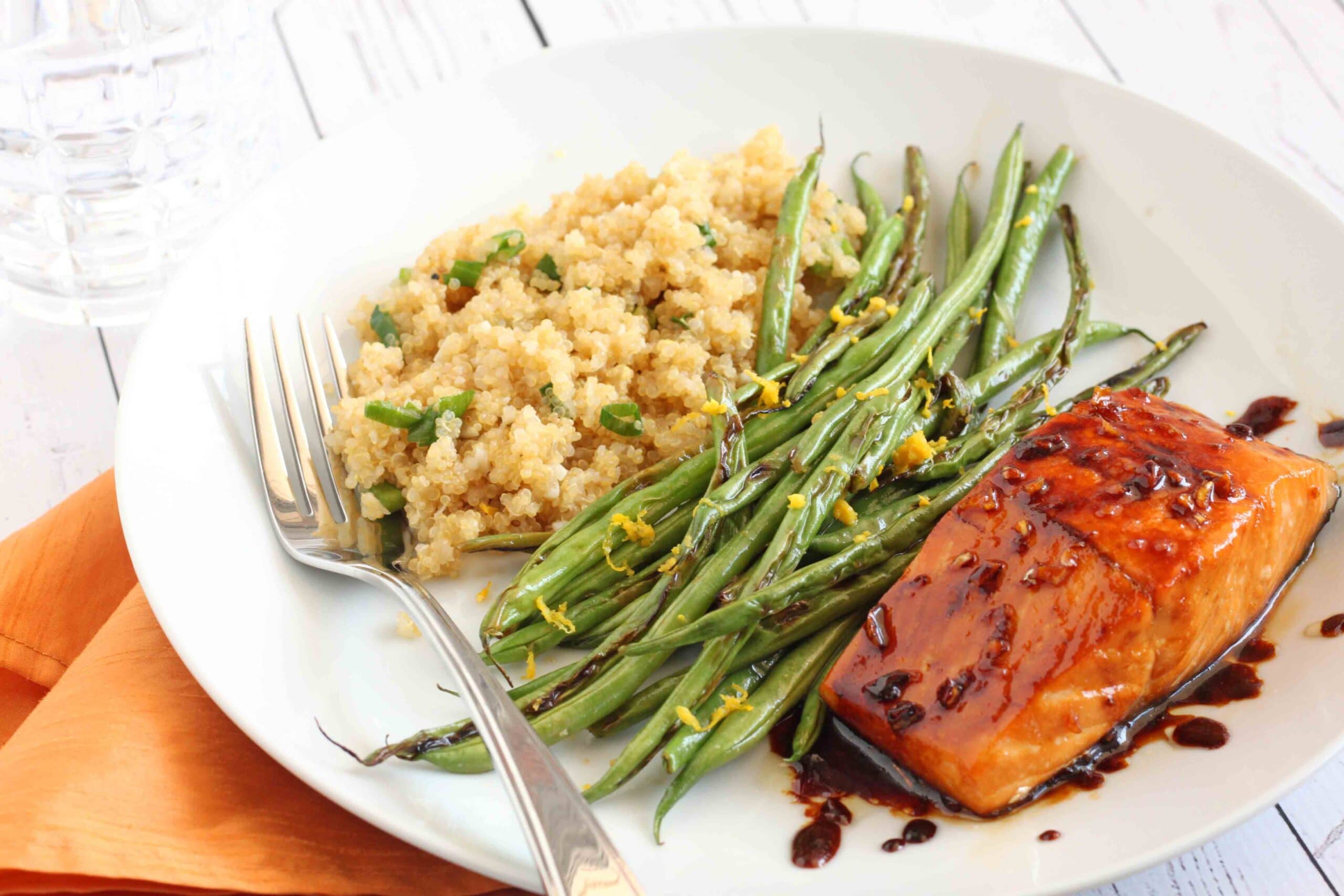 Honey Garlic Salmon with Lemon Green Beans and Garlic Quinoa by Jesse Lane Wellness