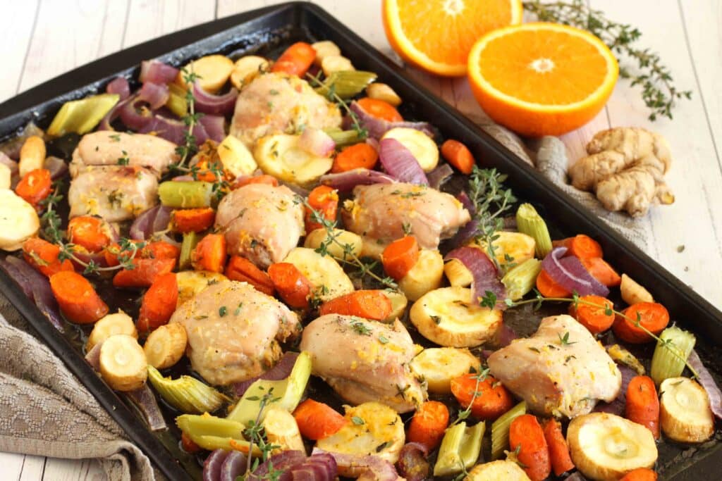 Sheet Pan Ginger Orange Chicken with Winter Vegetables by Jesse Lane Wellness