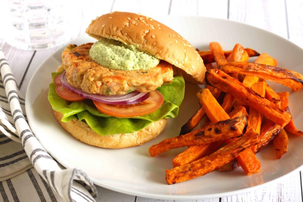 Salmon Burgers with Sweet Potato Fries